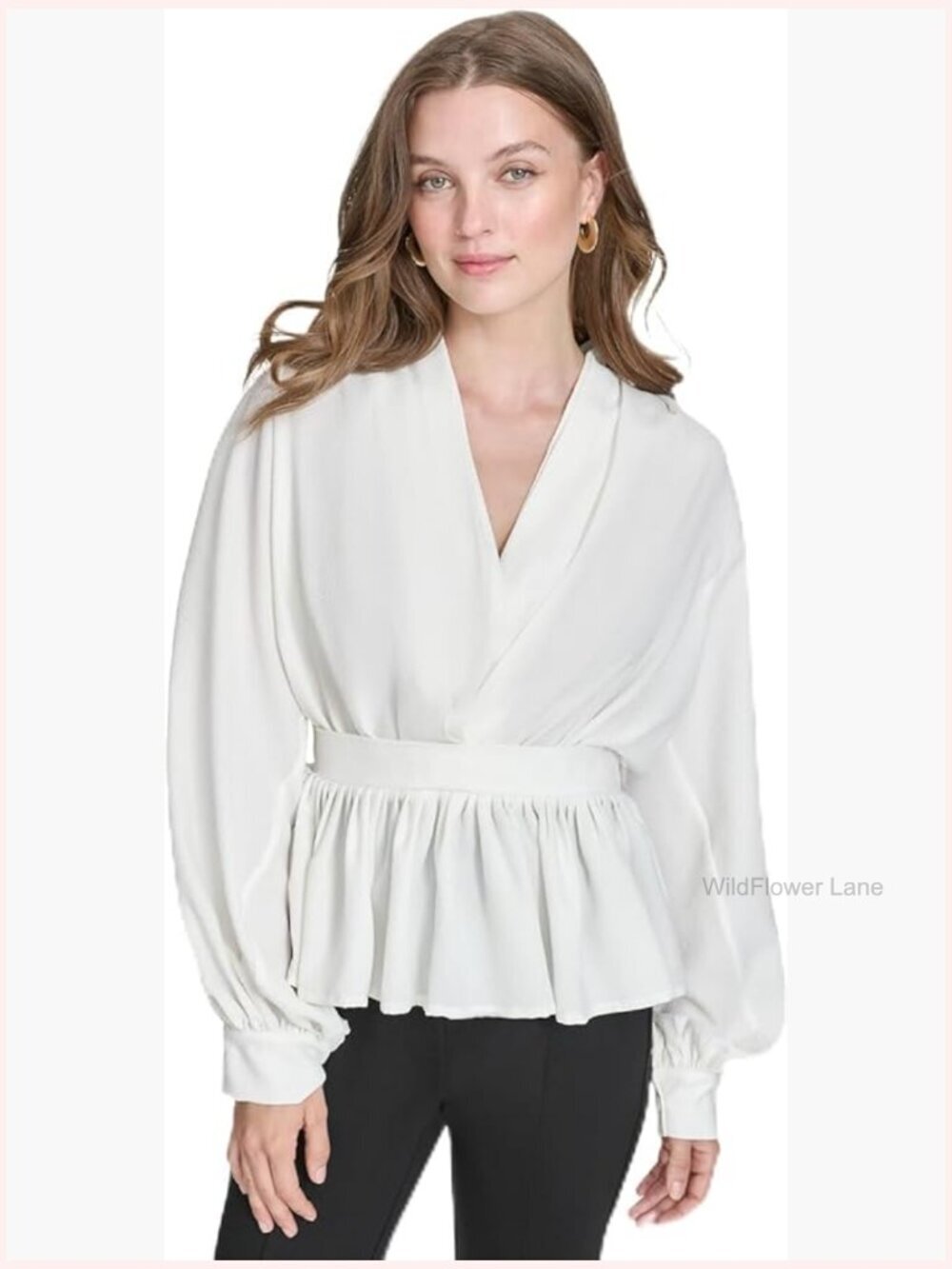 Long Sleeve Bishop Sleeve Cinched Waist V Neck Blouse